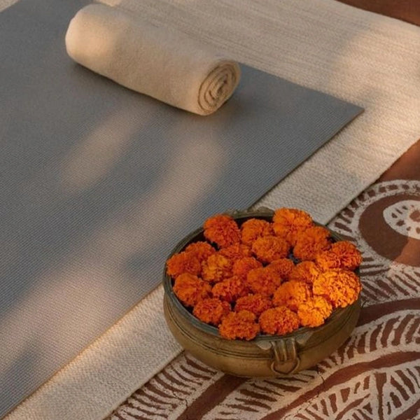 a high-angle view of a serene yoga setup