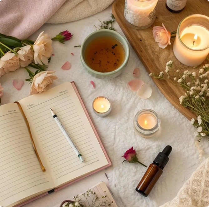 wellness and mindfulness flat lay set against a soft, textured white fabric background