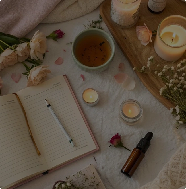 An open notebook sits on a soft surface next to a fountain pen. A lit candle in a small glass container glows nearby