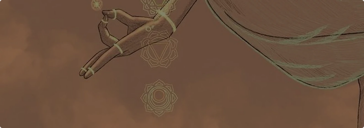 An artistic sketch on a warm, earthy brown background showing a detailed view of a person's hand formed into a meditation gesture, with the thumb and index finger touching to create a circle while the other fingers extend outward