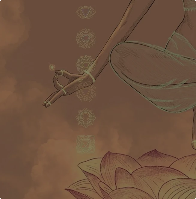 An artistic sketch on a warm, earthy brown background showing a detailed view of a person's hand formed into a meditation gesture, with the thumb and index finger touching to create a circle while the other fingers extend outward