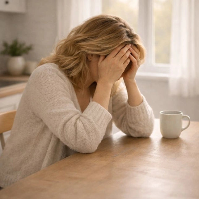 a woman sitting at a table showing a feeling of severe stress